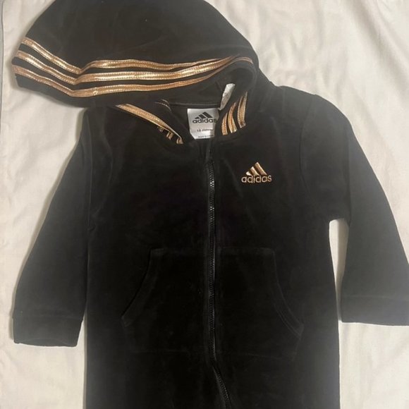 Adidas 18 month zip front Black velour track suit hooded coverall